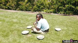 MILFs reverse gangbang black teen guy after he eat all the pies