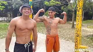 Two hot latino guys show their muscles
