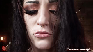 Redhead small tits slave Nikki Knightly locked in steel and vibed