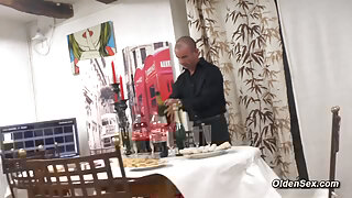 Three mature ladies and babe group sex after dinner