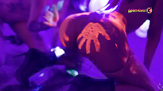 Neon party escalates - girls fuck and scream with pleasure