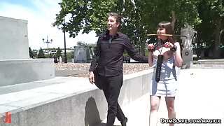 Bound babe disgraced in public outdoors and fucked in bar