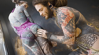 Alt dominatrix pegging tattooed worker