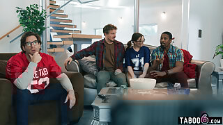 BBW stepdaughter Leana Lovings fucks stepdads friends during the game