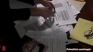 Janitor Charles Dera ties and fucks busty secret agent Katy Jayne