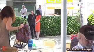 Slave on a leash gang banged in public