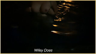 Wifey swims with wet shirt at night