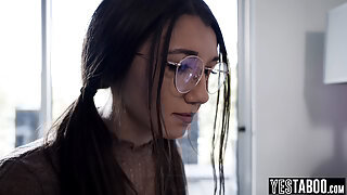 Nerdy lesbian teen manipulates and fucks her MILF stepsisters GF